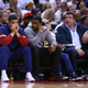 Drake (left) at Game 2 of the Eastern Conference semifinals between the Cleveland Cavaliers and the Toronto Raptors during the 2018 NBA Playoffs at Air Canada Centre on May 3, 2018, in Toronto